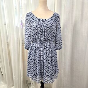 2/$30 A Byer Blue‎ & White Geometric Print Mini Dress Size M Blouson Sleeves